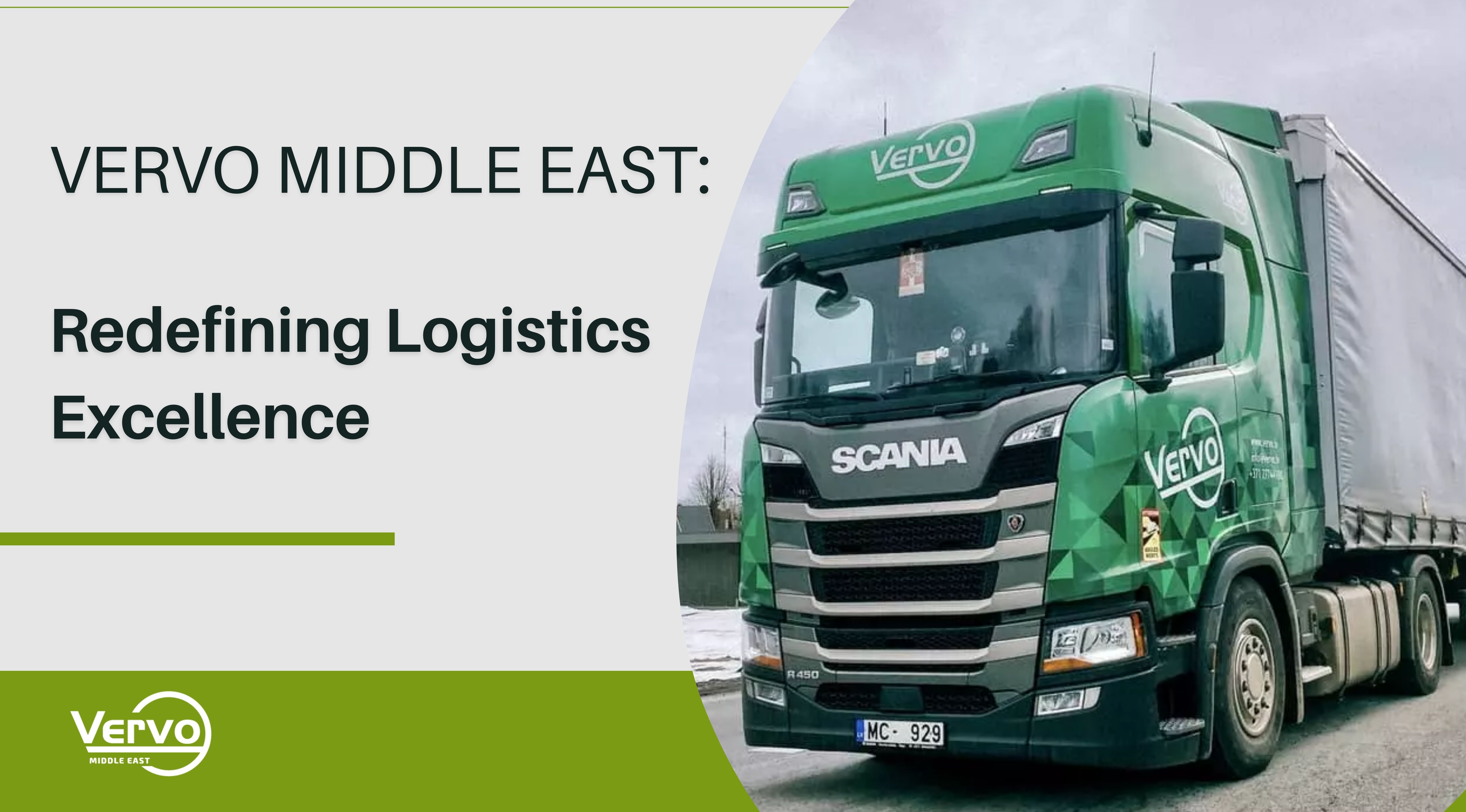 Vervo Middle East for shipping and logistics services and cargo handling Shipping Truck in Dubai with text&quot; Vervo Middle East: Redefining Logistics Excellence&quot;